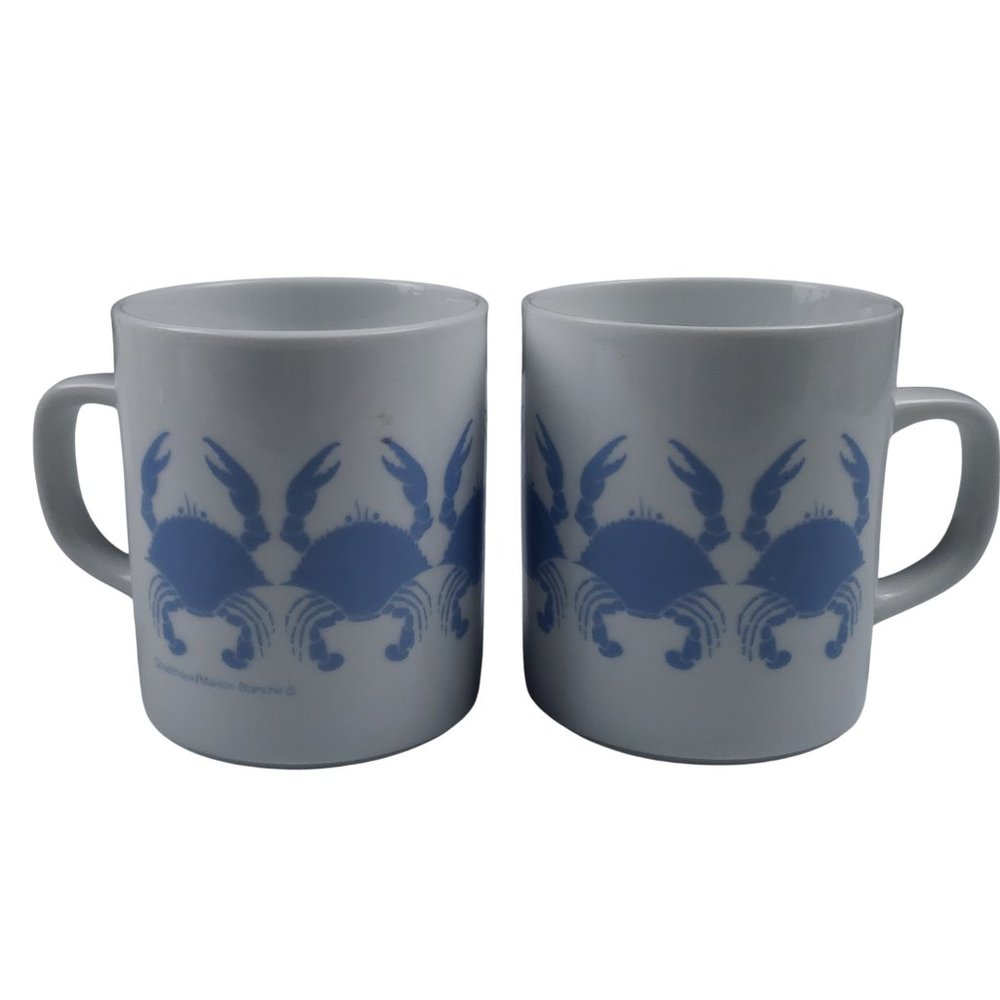 Goudchaux Maison Blanche Blue Crab Coffee Mugs Vintage 1980s Set 2
